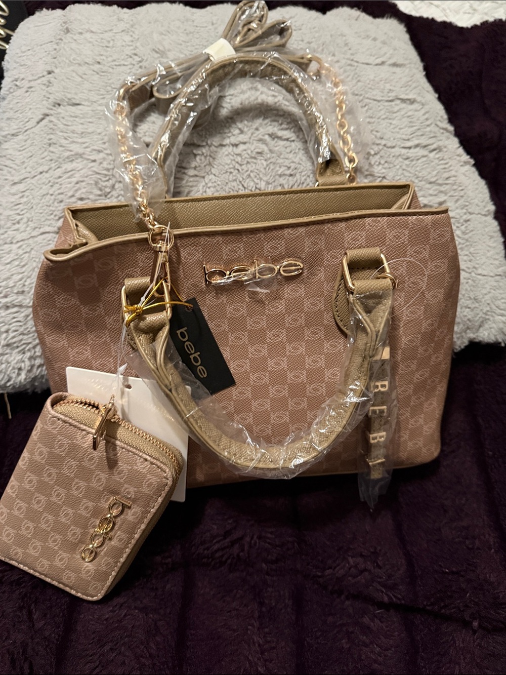 Bebe Beige Monogram Satchel with Matching Wallet Crossbody NWT